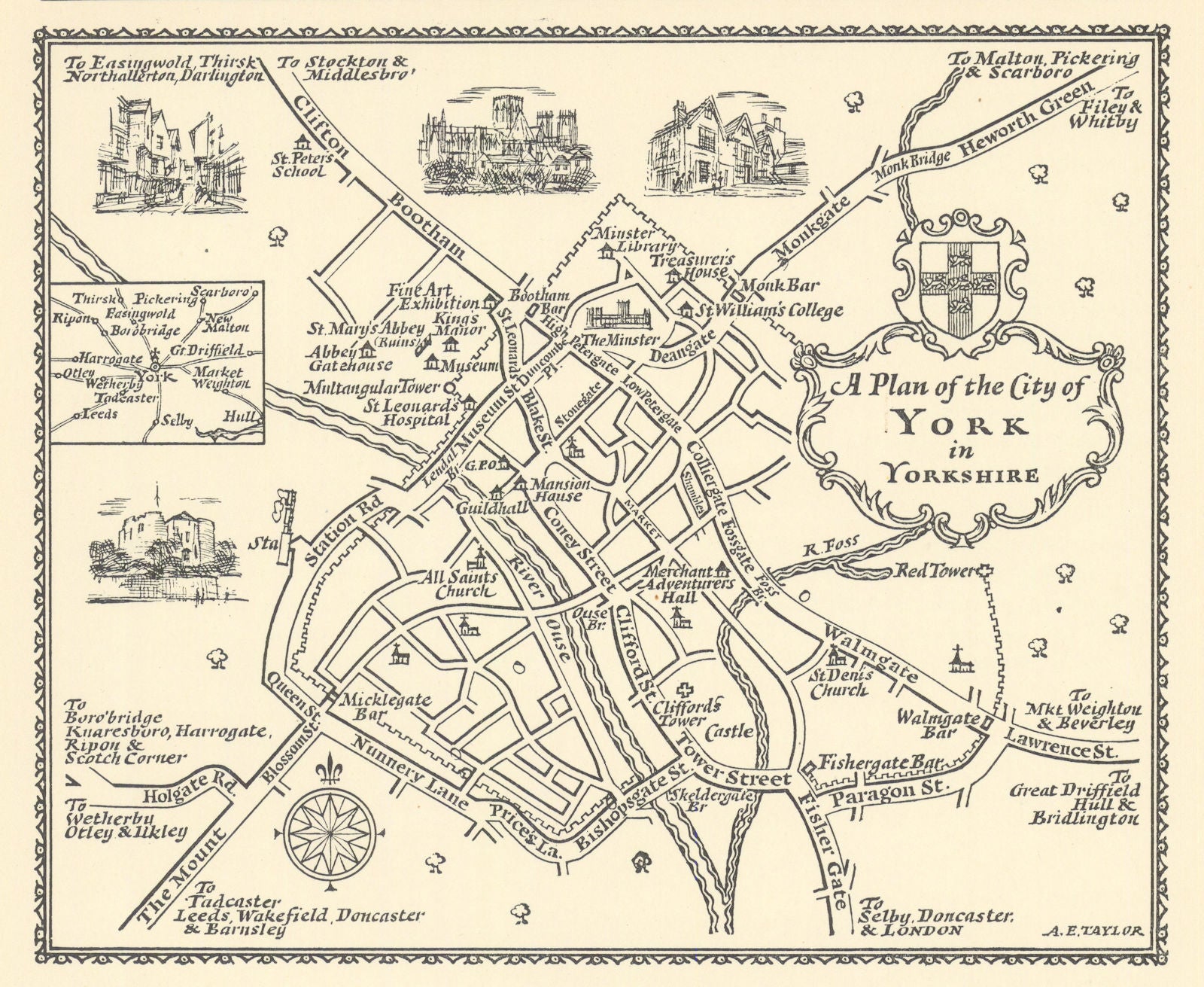 A plan of the City of York in Yorkshire by A.E. Taylor c1934 old vintage map
